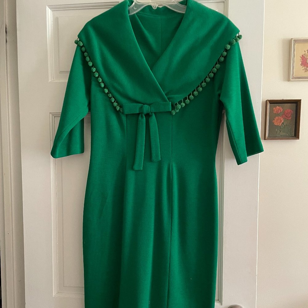 Vintage Green Dress Wool with Pom Poms Size 16